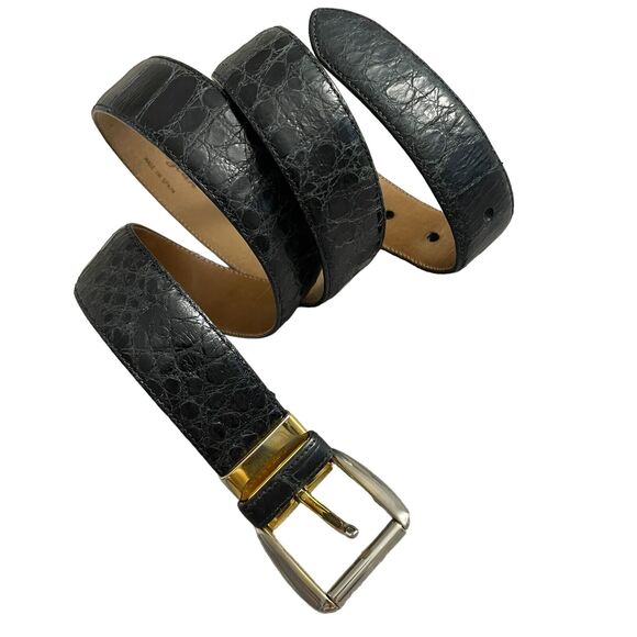 Mezlan Other - Mezlan Mens Alligator Leather Belt Size 34 Black Gold Buckle 1.25 Dress Spain